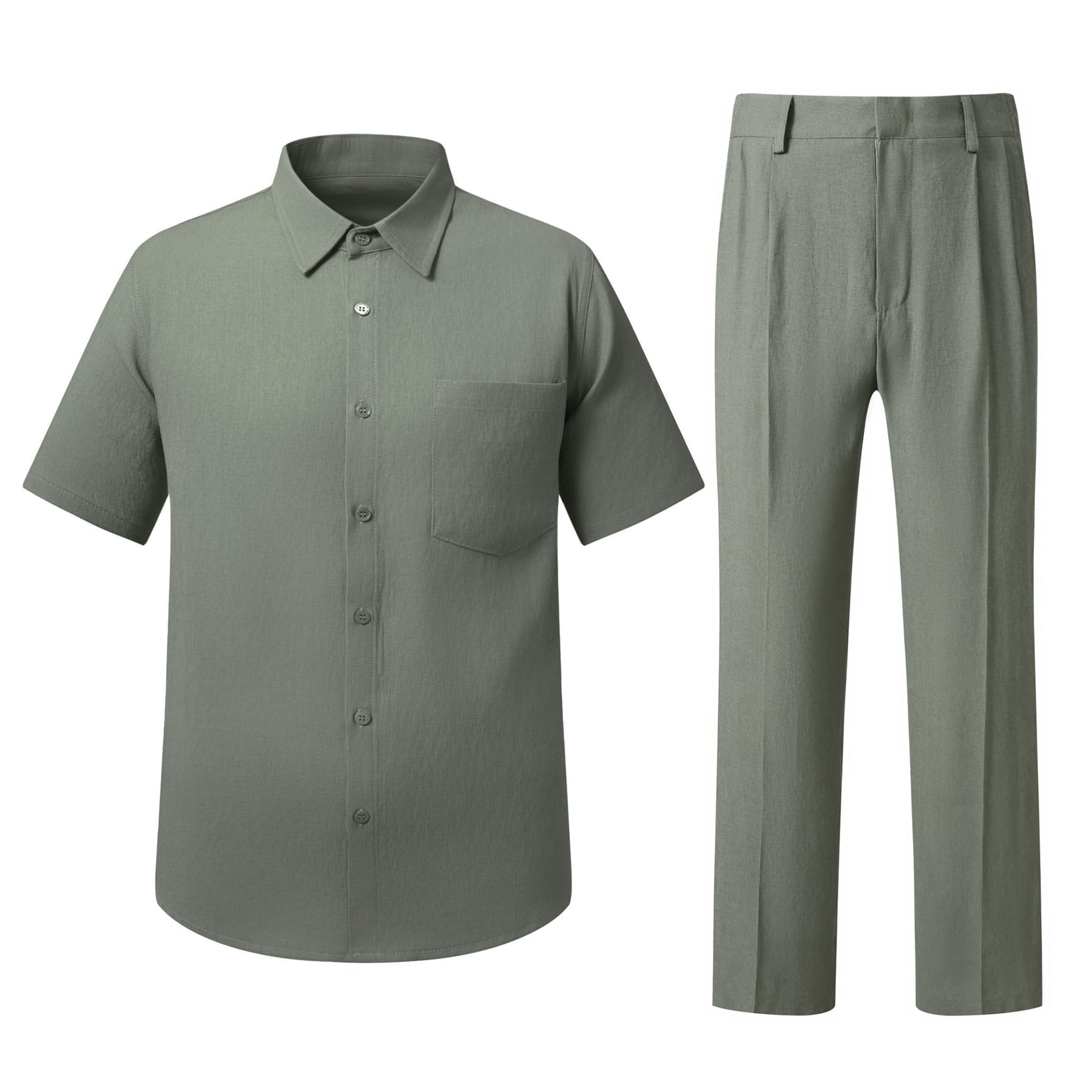 YFFUSHI Herren Hemd Hose Set Leinen Sommer Kurzarmhemd mit Tasche Lange Hose 2-teiliges Outfit Strand Business Casual
