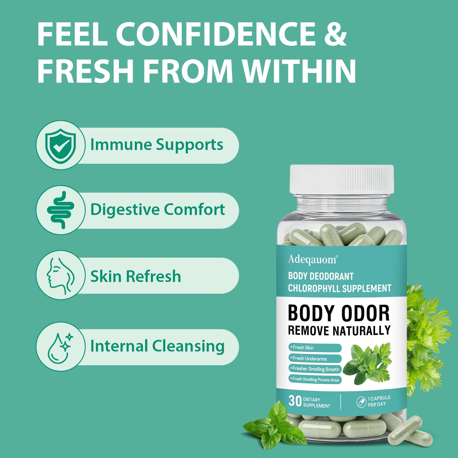 Chlorophyll Capsules Internal Body Deodorant Supplement for Women and Men for Gut Health, Fresh Breath, Skin Health, Detox & Digestion Support, Natural Odor Remove, Vegan, Non-GMO-30 Capsules — Amazon image 3