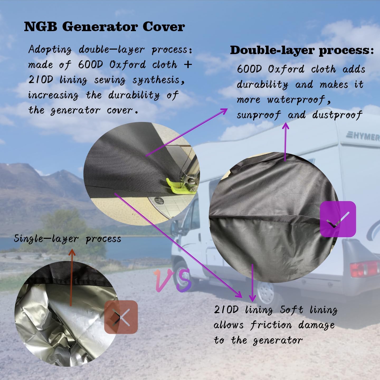 NGB Outdoor Generator Cover,24.8L x 20.2Wx 20.8H for Universal Most Inverter Generators Made of 600D plus 210D Double Layer Heavy Duty Waterproof Fabric The Top Cover is Waterproof for Refueling.