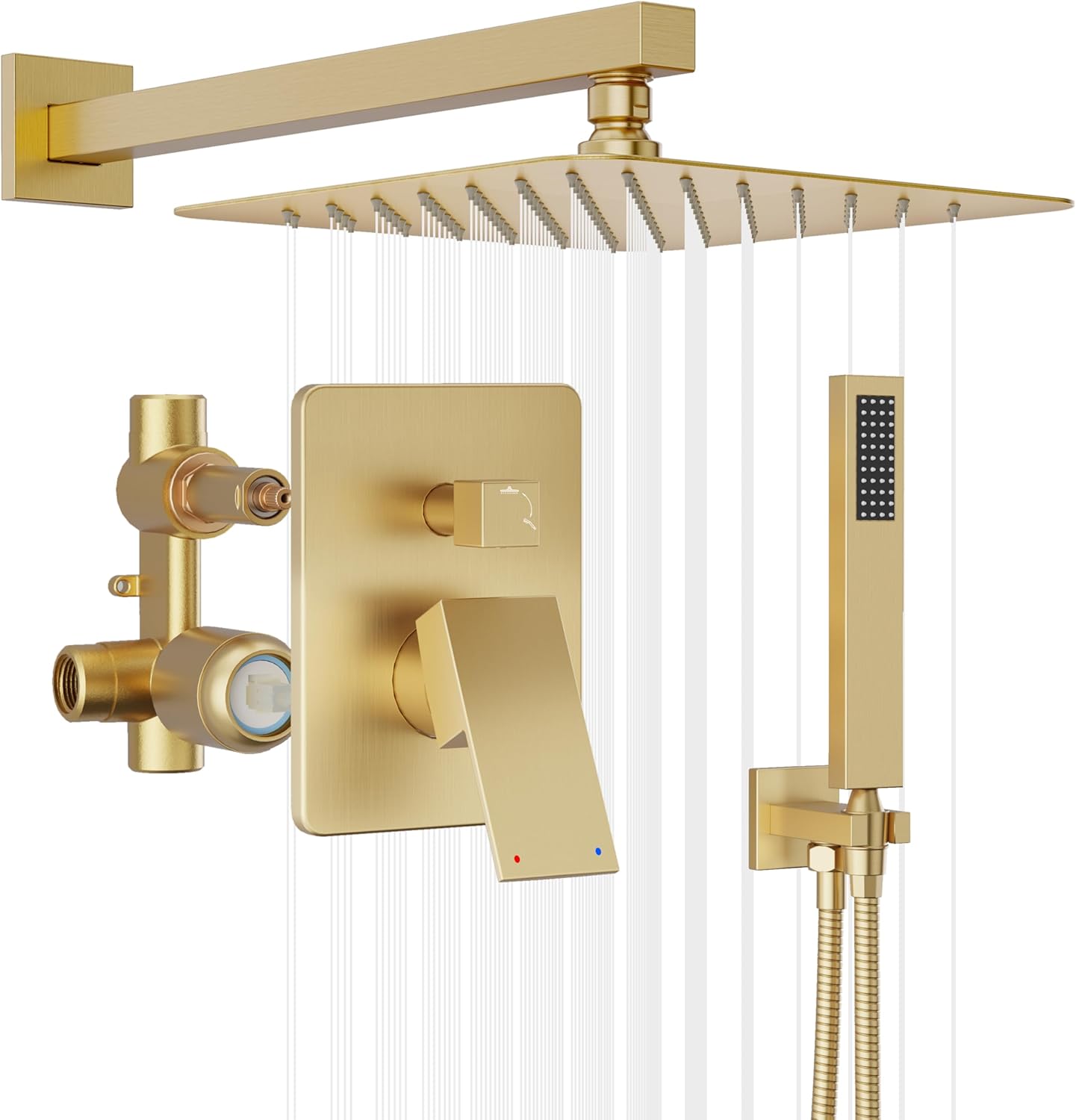 Gold Shower System, Shower Faucet Set with 10" Rain Showerhead and Handheld Combo Spray, Bathroom Wall Mounted High Pressure Shower Combo Set Included Valve and Trim, Brushed Gold