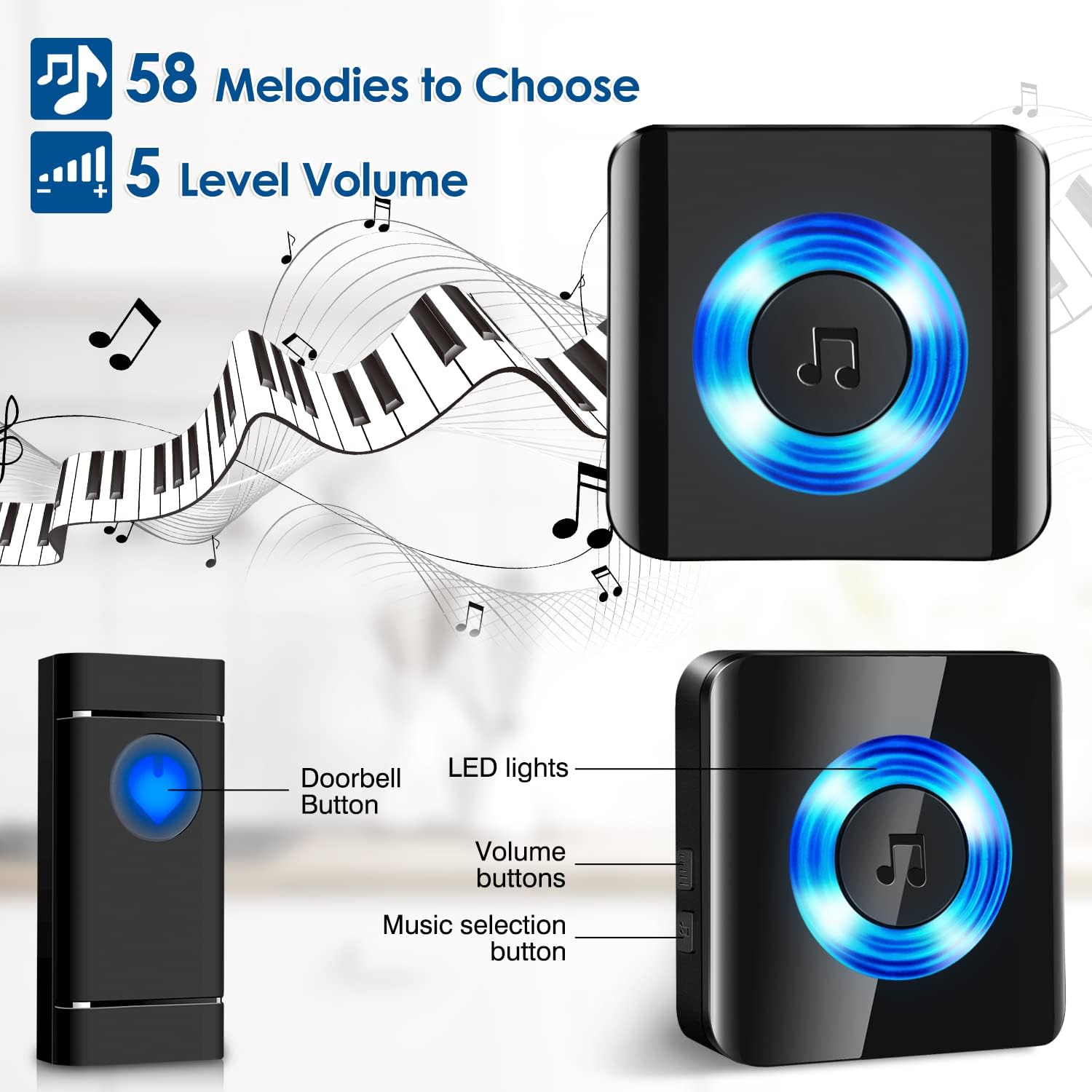 Wireless Doorbell, SGOKEEN Wireless Doorbells for Home, 1000-ft Long Range and 58 Chimes, Waterproof Door Chime for Home/Office/Classroom - - 