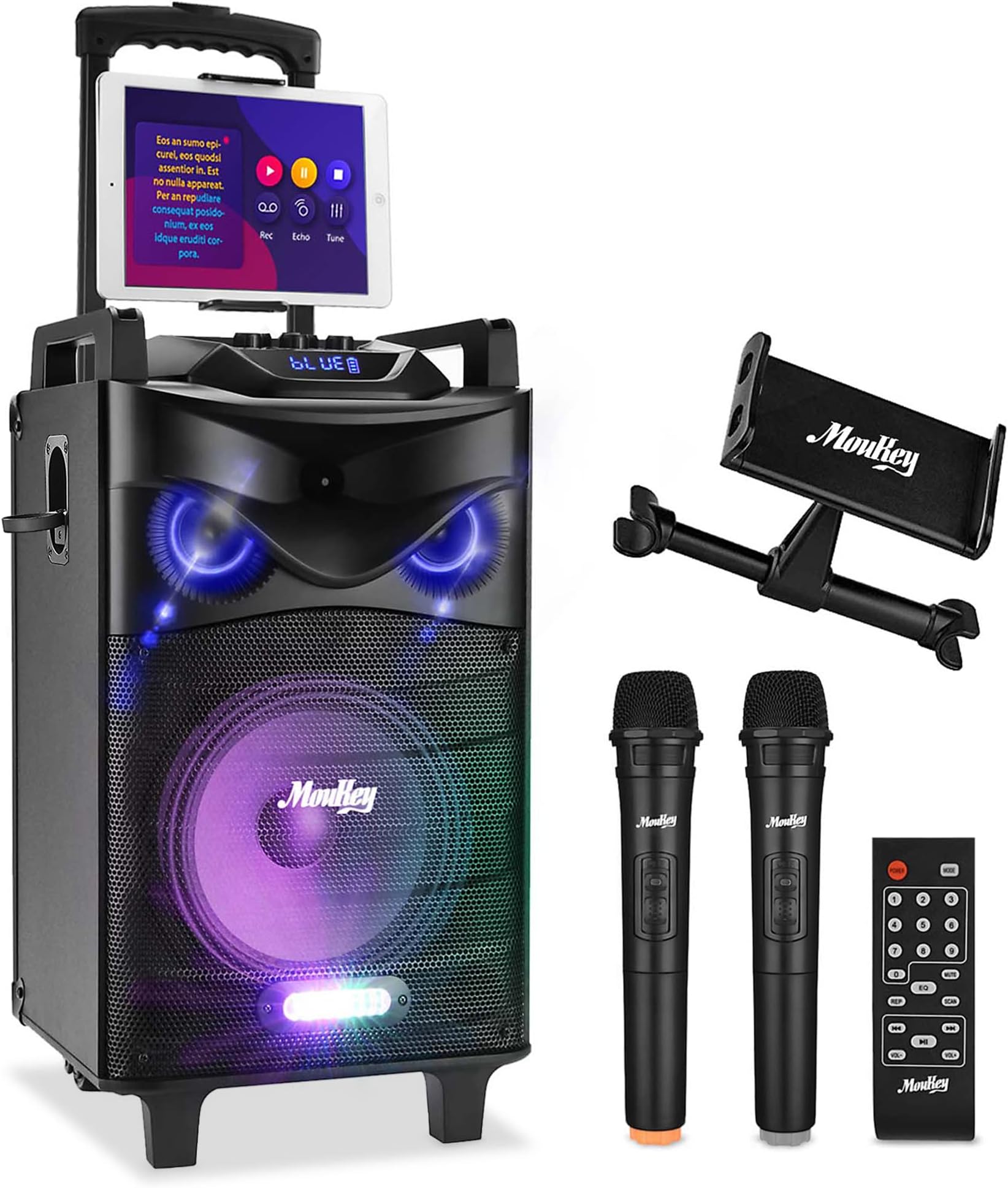 Moukey Karaoke Machine, PA System Woofer, Portable Bluetooth Speaker w/ 2 Wireless Microphones, Lyrics Display Holder, Party Lights & Echo/Treble/Bass Adjustment, Support TWS/REC/AUX/MP3/USB/TF/FM