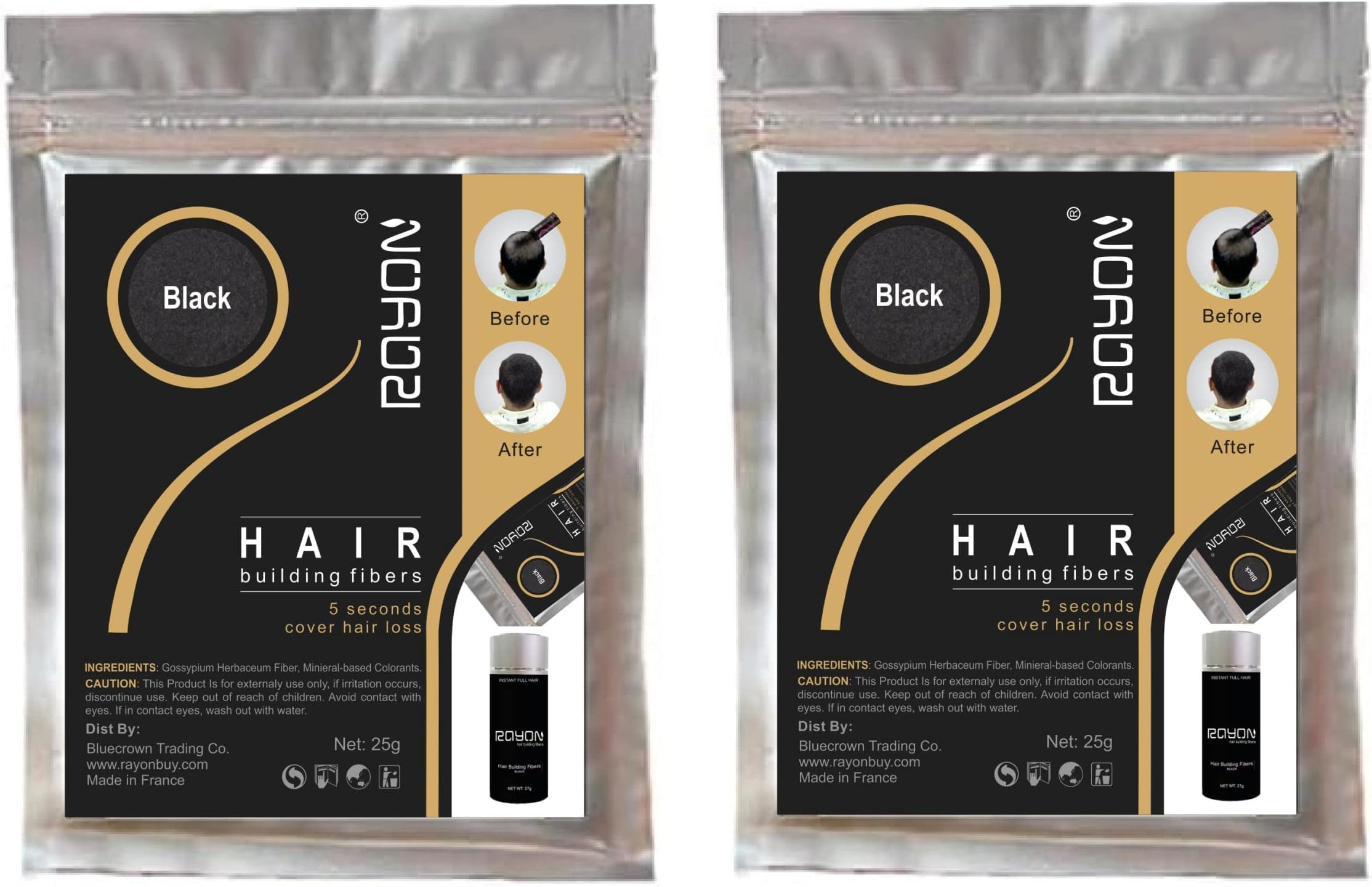 Rayon Hair building fiber refilling pack use for Caboki Toppik Bottles etc. Pack of 2 (25gm * 25gms Black)