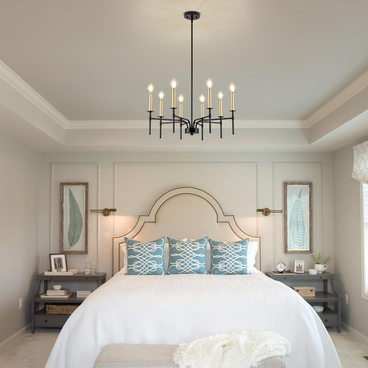 Modern Dining Room Light Fixture 8-Light, Black and Gold Farmhouse Chandelier, Metal Candle Chandeliers for Dining Room, Kitchen, Living Room, Bedroom, Foyer, Staircase, Entryway