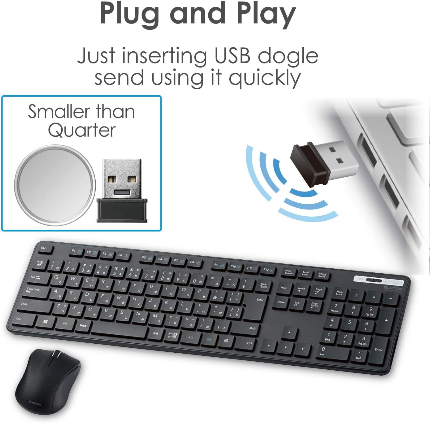 ELECOM Wireless Slim & Thin Keyboard/Standard Japanese Layout in Conformity with JIS Standard, with Numeric Keypad and Wireless Mouse/Black/TK-FDM110MBK