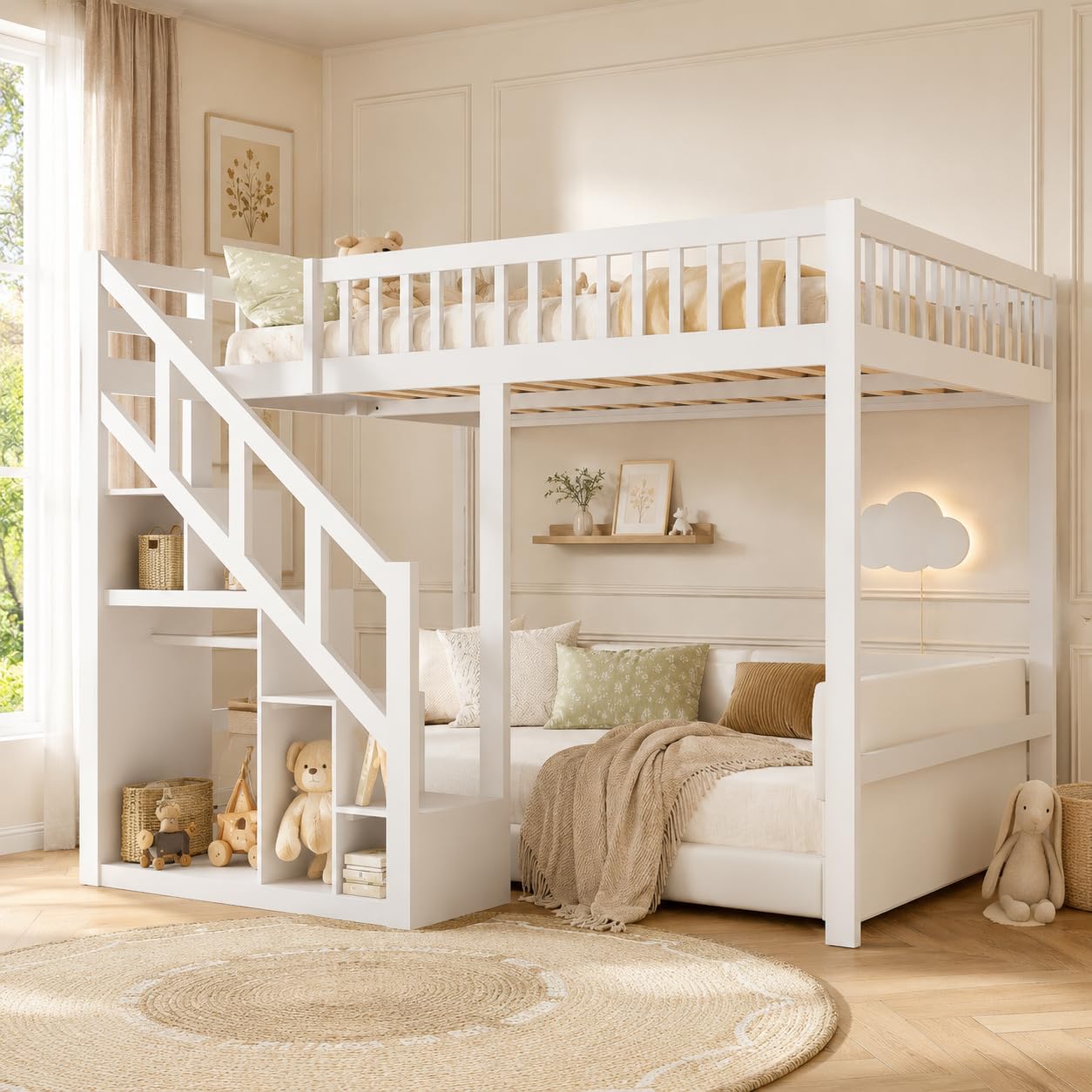 LIVLUX Lit Superposé Enfant 90x200 cm, Lit Mezzanine Multifonctionnel avec Escalier de Rangement et Barrière de Sécurité, Bois Massif Blanc, pour Garçon et Fille (Blanc, 90 x 200 cm)