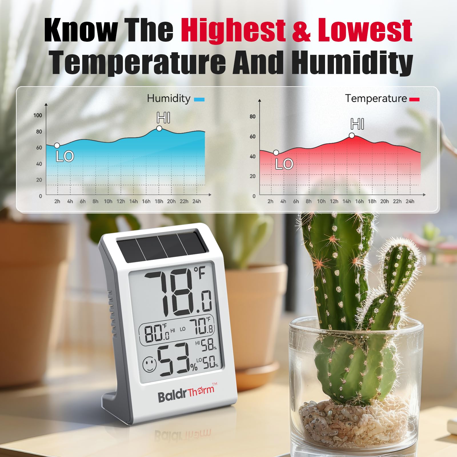 BaldrTherm Misuratore di umidità per stanza, igrometro a energia solare, sensore di temperatura digitale per interni, 8,1 cm, misuratore di umidità per stanze dei bambini, casa, ufficio, confezione da