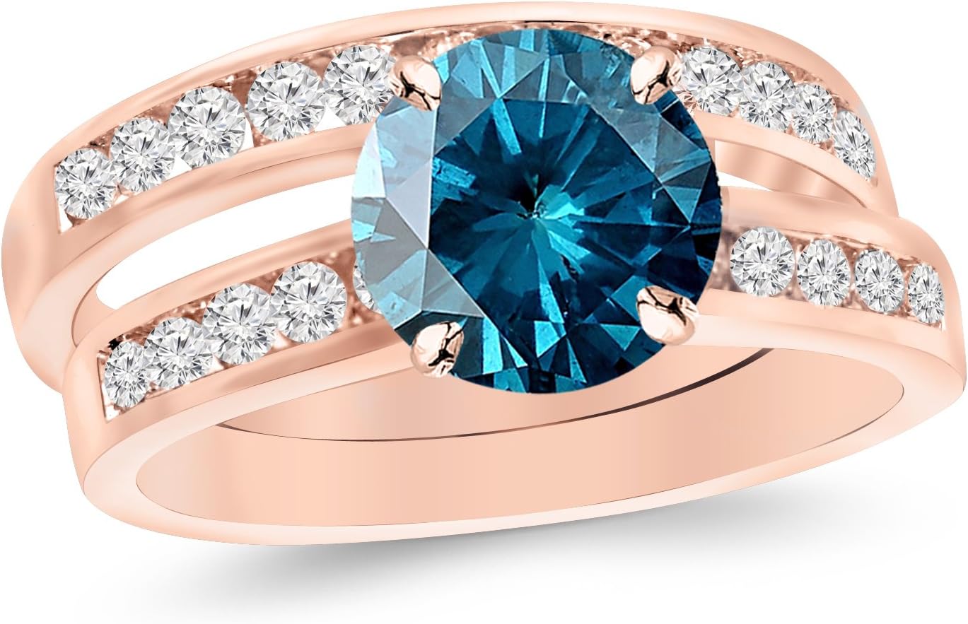 Houston Diamond District 1 to 3 Carat Blue Diamond Classic Channel Set Wedding Set Bridal Band & Diamond Engagement Ring w/a 1 Ctw Blue Diamond Heirloom Quality Center