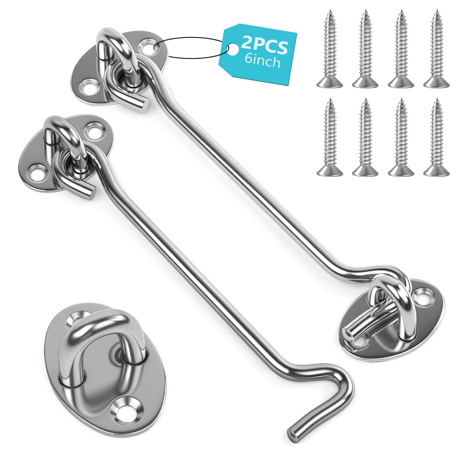 vsshe Hook and Eye Latch 2 Pack, 6 Inch Stainless Steel Door Hooks, with 8 Mounting Screws, Cabin Hook