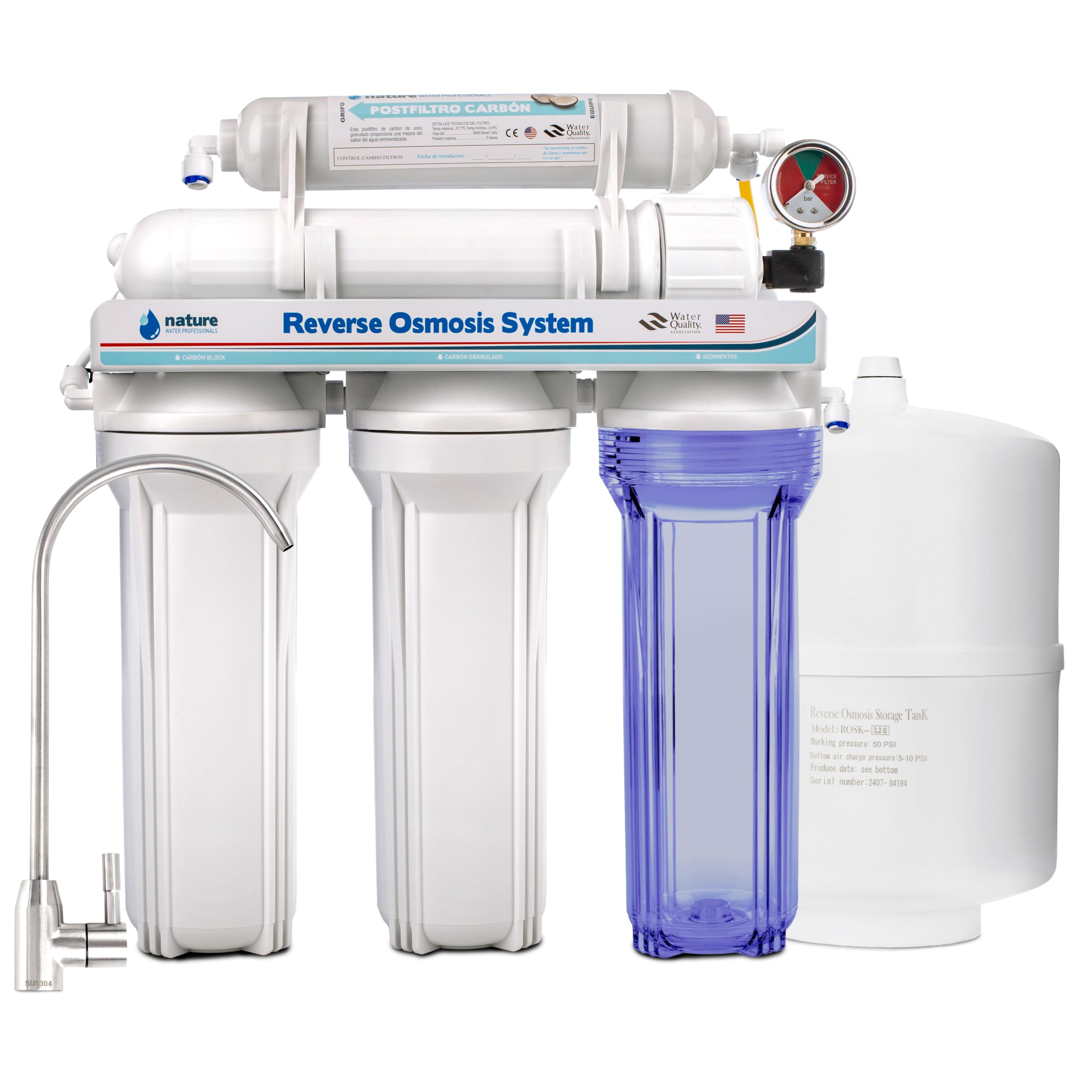 NATURE WATER PROFESSIONALS Equipo de Osmosis Inversa Doméstico, 5 Etapas, Grifo Acero Inoxidable, Depósito 6 Litros, Membrana 75GPD, Filtros, Accesorios