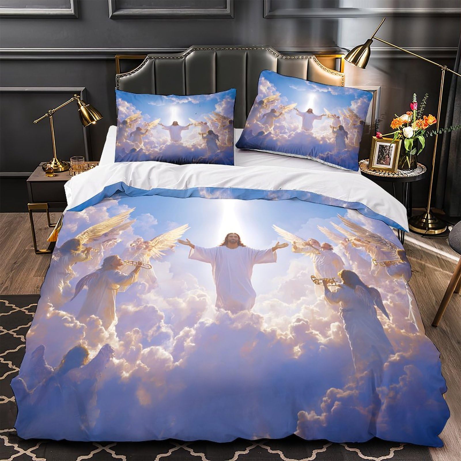 MMDASBVPE Heavenly Jesus Quilt Cover 3D Print Machine Washable 3 Pieces Bed Set Hidden Zipper Comforter Cover Extra Soft Hypoallergenic for Adults Kids Teens Women Youth Single（135x200cm）