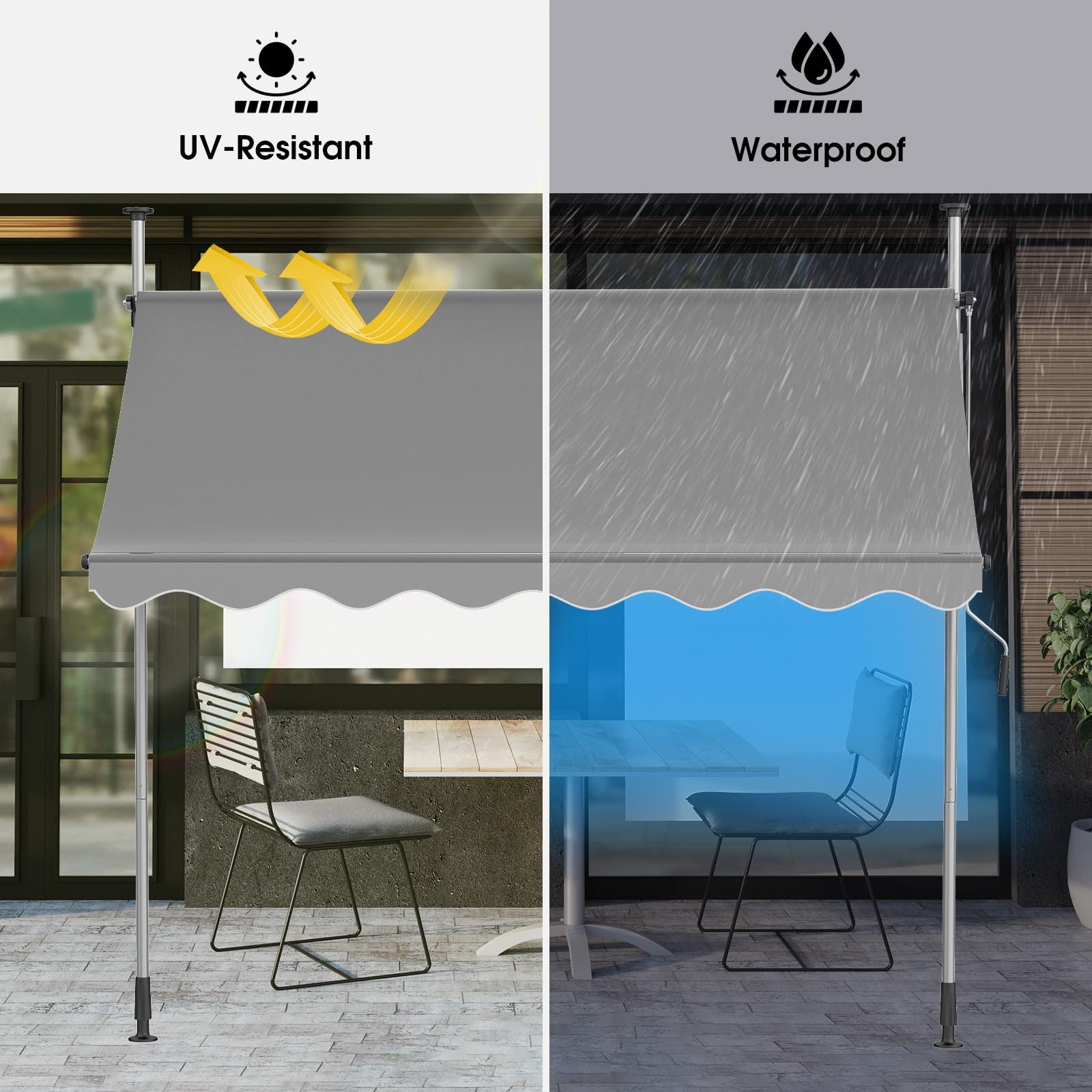 Klemmmarkise 250cm Breit Balkonmarkise mit Handkurbel Sonnenschutz ohne Bohren, UV-beständig & wasserdicht, Höhenverstellbare Markise für Balkon, Terrasse, Garten (Hellgrau‌,250x120cm)