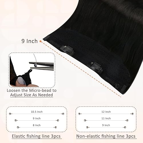 Miniatura 5 de Full Shine - Extensiones de cabello humano real con hilo de nailon transparente e invisible, tamaño ajustable, color negro natural, 16 pulg, 2.82 oz