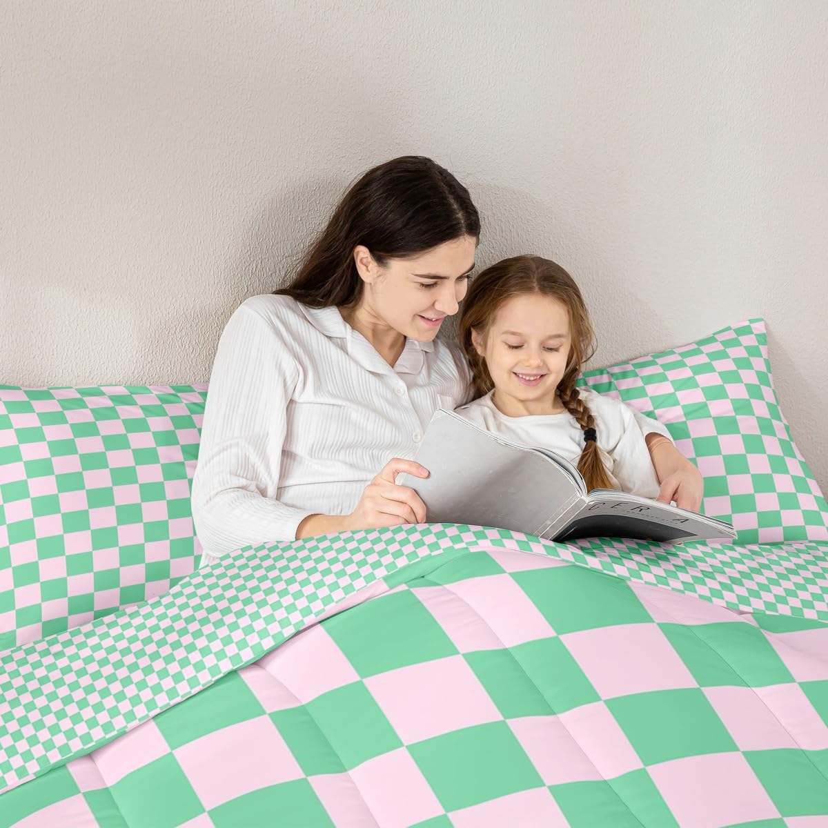 Couette douce à carreaux rose et vert Manfei avec 2 taies pour lit double