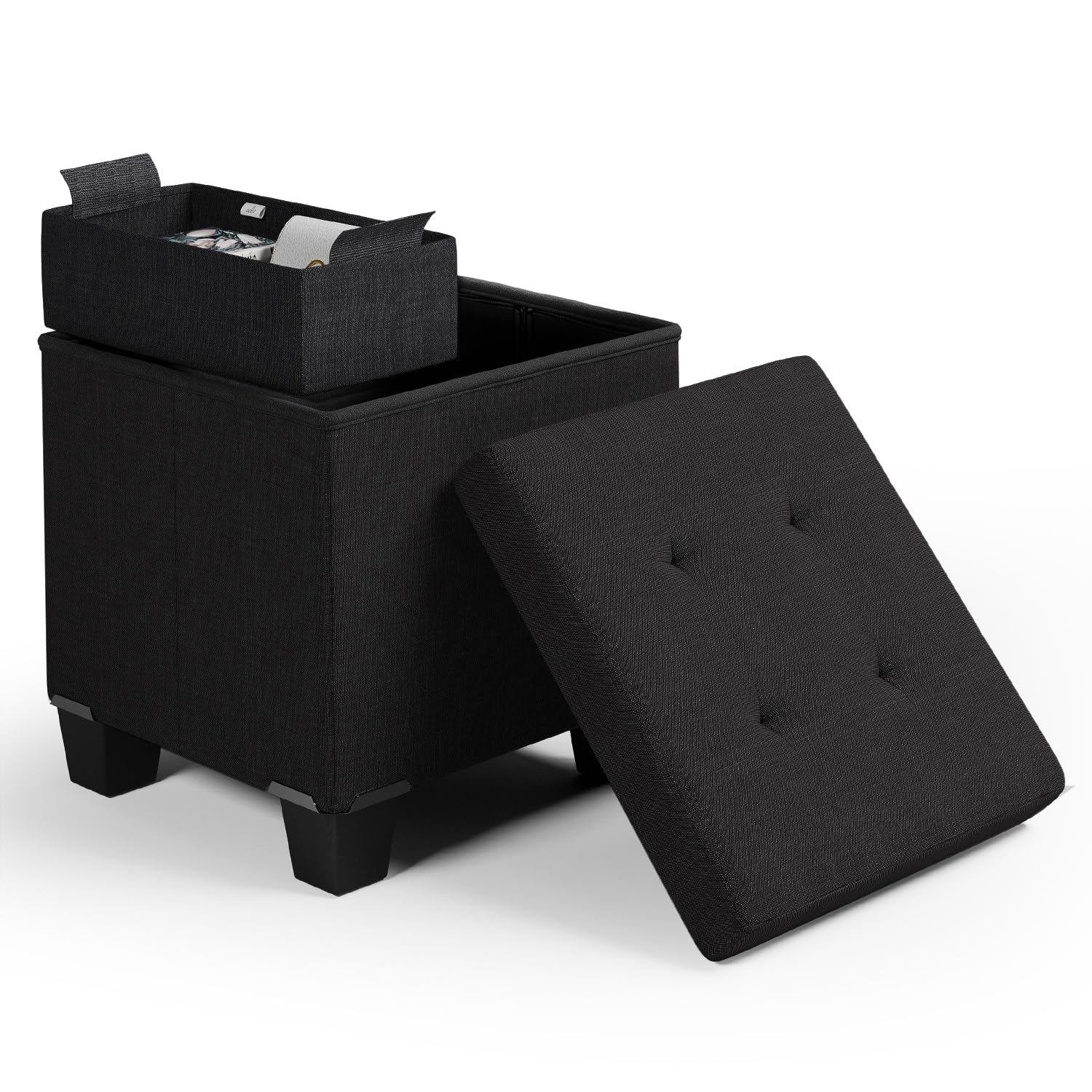 Storage Ottoman Cube with Storage Bin, 15-In Square Ottoman with Storage for Living Room and Bedroom, Small Ottoman Foot Rest, Foot Stools Ottoman, Storage Chest Max 660lbs, Linen Fabric Black Ottoman