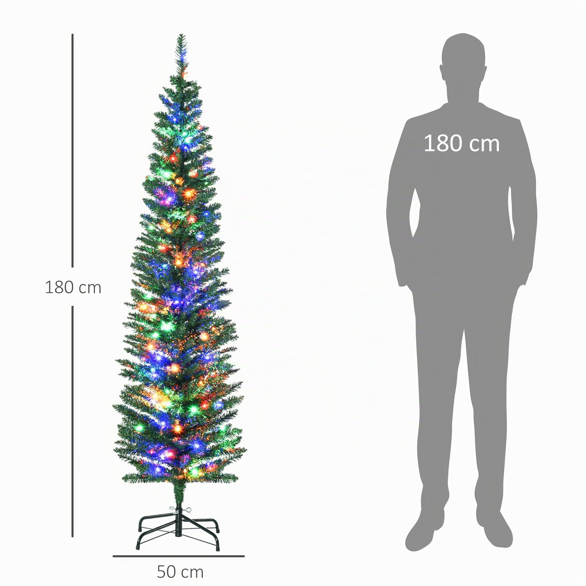 HOMCOM Sapin de Noël Artificiel Lumineux 180 cm en Forme de Crayon Vert | Arbre de Noël, 150 Lumières Multicolores, 390 Branches, Base en Acier