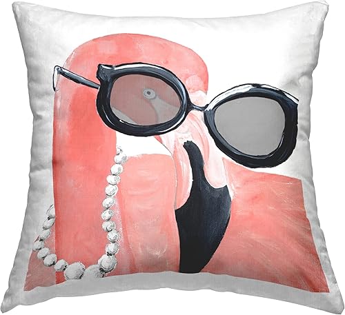 Stupell Industries Glam Fashion - Gafas de sol de flamenco rosa con diseño de perlas y pájaros, almohada de Gina Ritter, 18 x 18 pulgadas, color