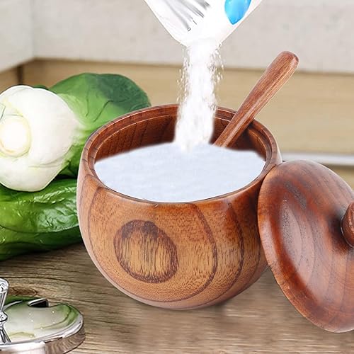 Miniatura 3 de Hapivida Caja de sal de madera, tarro de especias, bodega de sal de madera con tapa y cuchara, pimienta y azúcar, recipiente para condimentos para