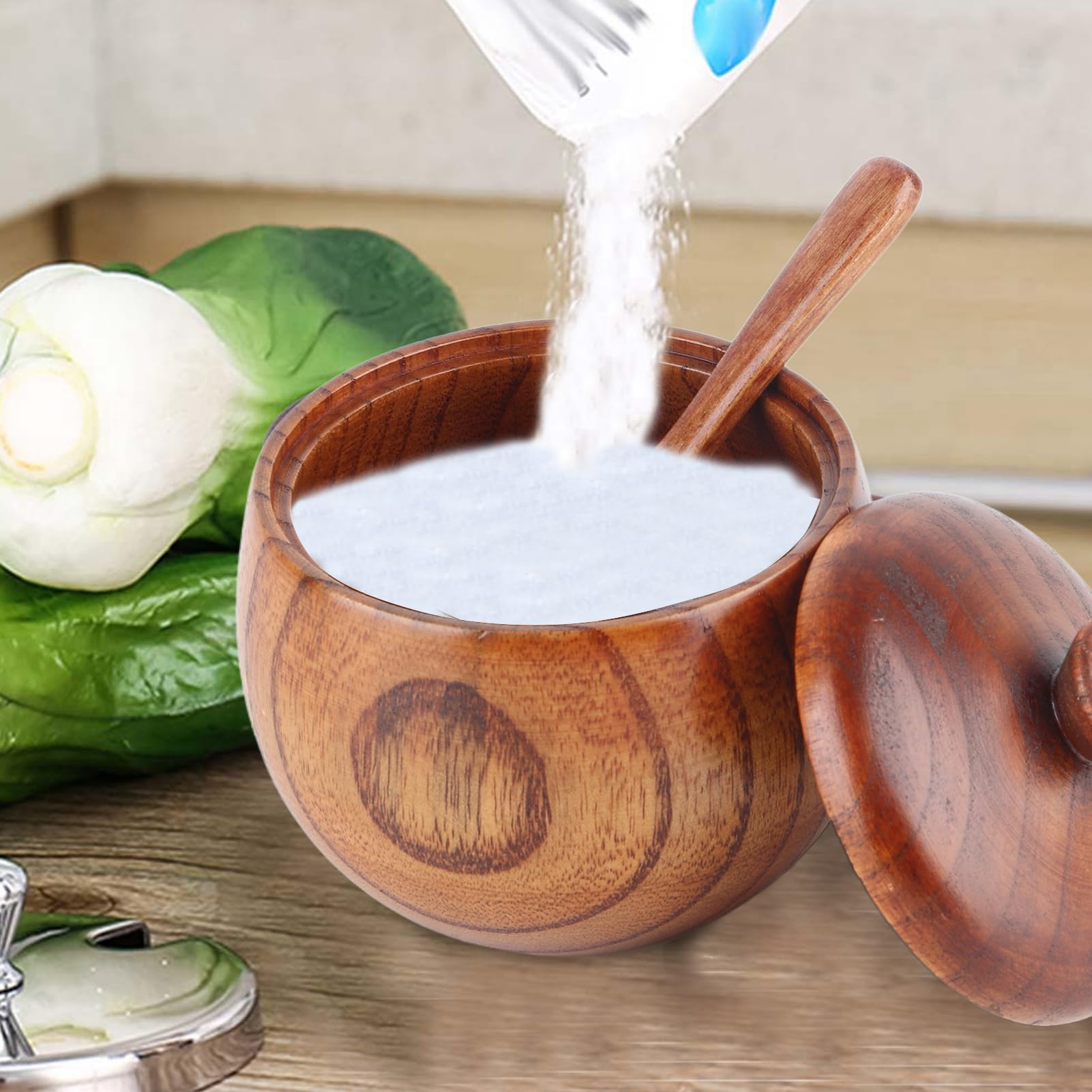Jwthee Sugar Container, Wood Salt Box Solid Wood Spice Jar Sugar Bowl Round Spice Jar Salt Pepper Seasoning Box with Spoon and Lid for Kitchen