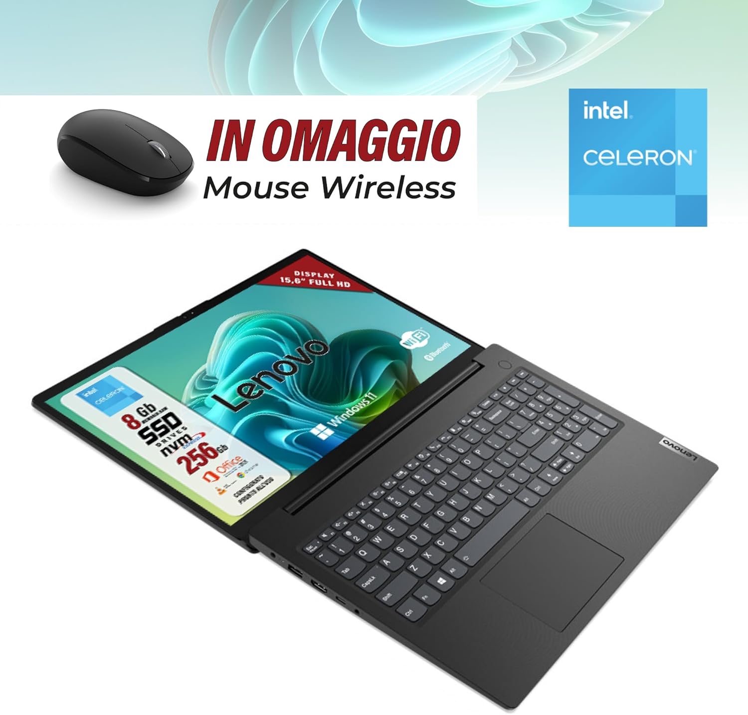 Lenovo, Pc portatile notebook con suite office, display FHD da 15,6, cpu intel N4500, ram 8Gb, ssd 256Gb, win 11 pro, computer portatile con mouse wireless Lenovo, Pc portatile notebook con suite office, display FHD da 15,6, cpu intel N4500, ram 8Gb, ssd 256Gb, win 11 pro, computer portatile con mouse wireless