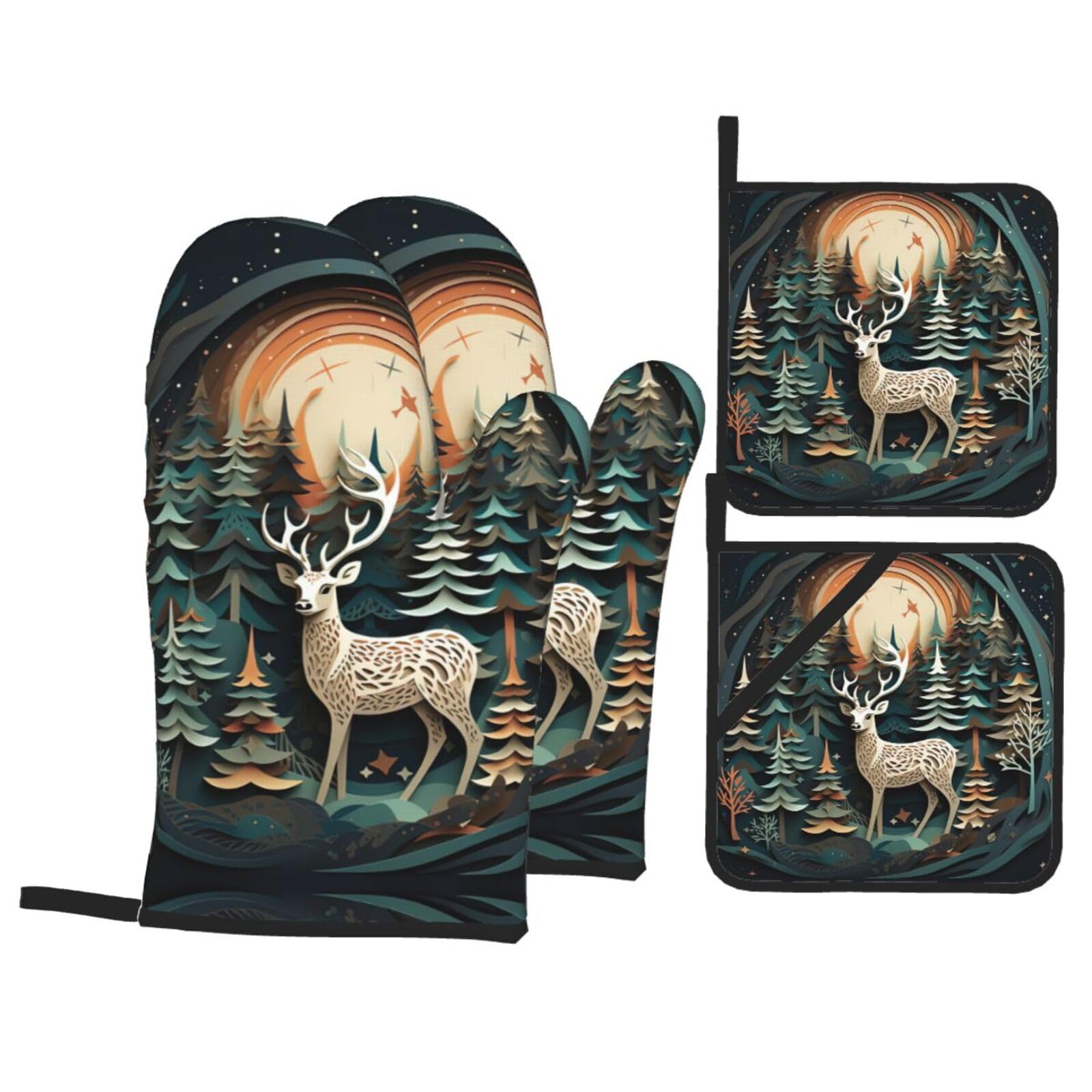 Christmas Deer Print Oven Microwaving Waterproof Kitchen Gloves for Baking Grilling Holiday Cooking