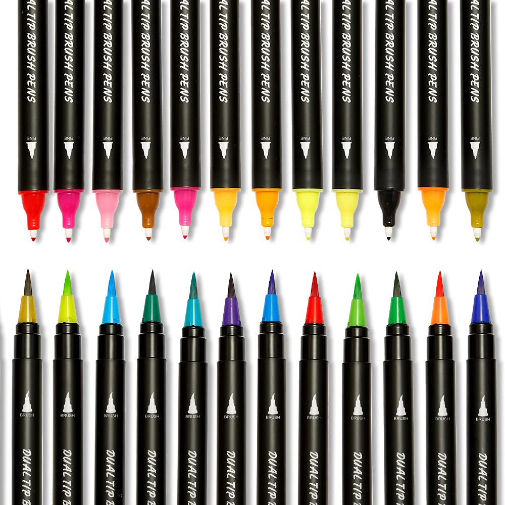 Watercolor Dual Tip Finliner Pen Brush Marker 24Pcs Set 0.4/3mm Fine Point Tip Highlighter Pen with Carry Bag 2 Water Pen Back to School Supplies for Kids Boys Girls Drawing Sketching Calligraphy
