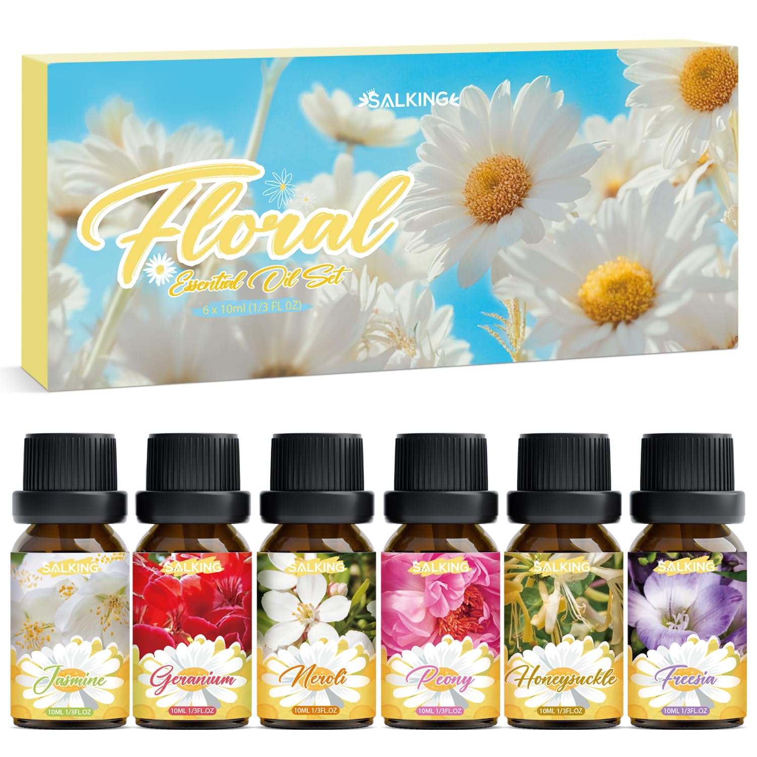 SALKING Flores Aceites Esenciales para Humidificador Difusor 6 x 10 ml,100% Puro Aceites Esenciales Naturales Aceite Perfumado - Lavanda,Rosa, Jazmín, Gardenia, Manzanilla, Flor de cerezo — view 12