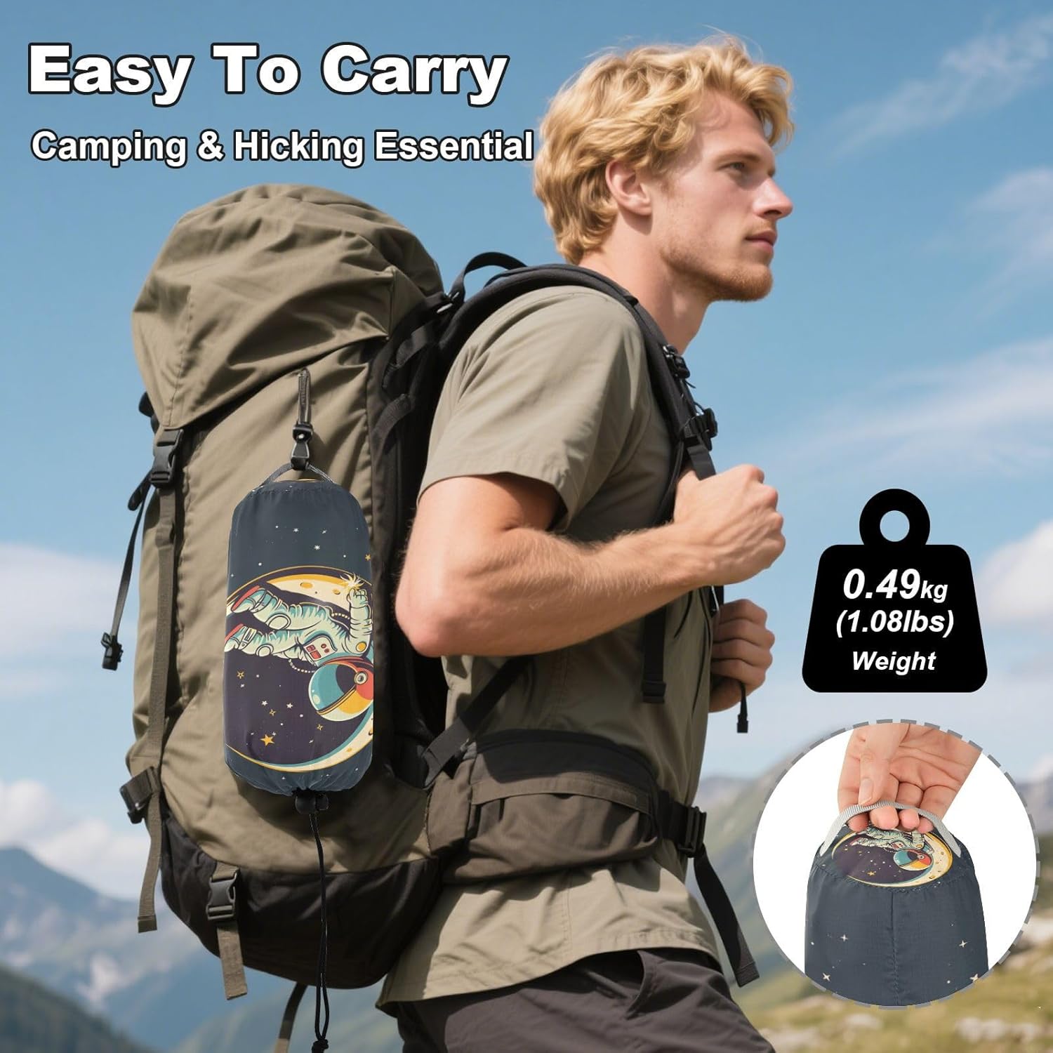 ALAZA Cute Astronaut Stars Camping Hammocks Single or 2 Person 500 lbs Portable Parachute Travel Hammock w/Tree Straps for Hiking Backpacking Indoor Outdoor