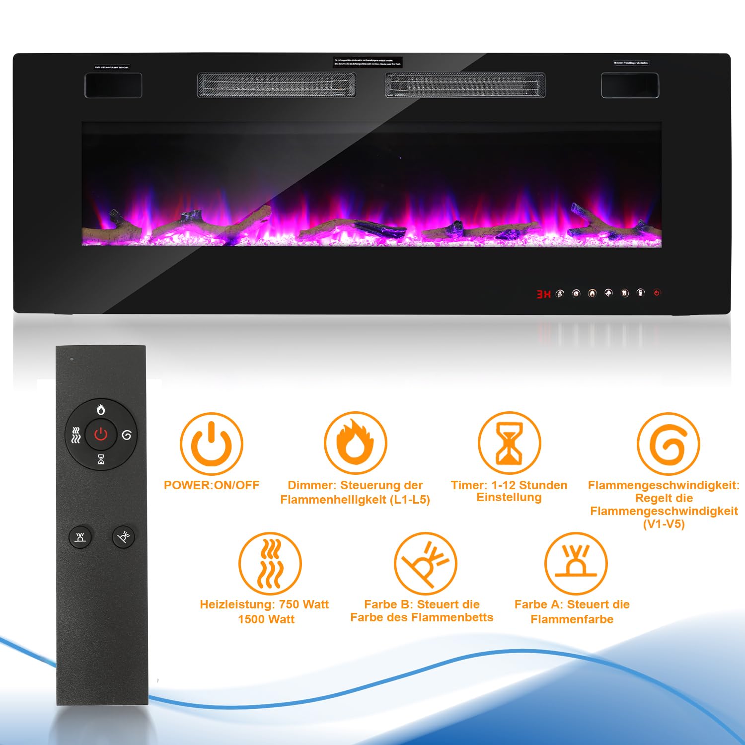 Gimisgu Cheminée électrique, Cheminée Murale électrique avec Appareil de Chauffage,12 Modes de Couleurs, Effet de Flamme LED, 750W/1500W, Télécommande, 127cm