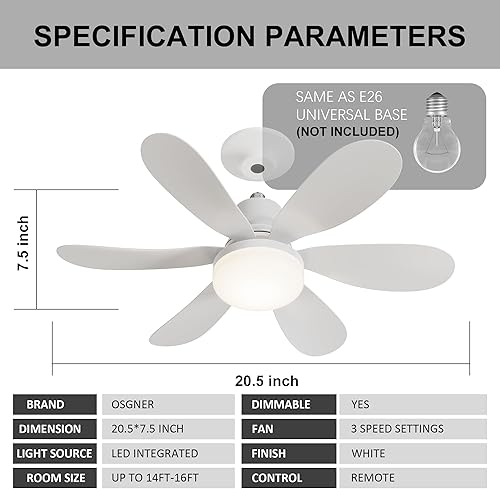 Miniatura 4 de OSGNER Paquete de 3 ventiladores de techo, ventilador de techo pequeño con control remoto, bombilla de repuesto para interiores, dormitorio, cocina,