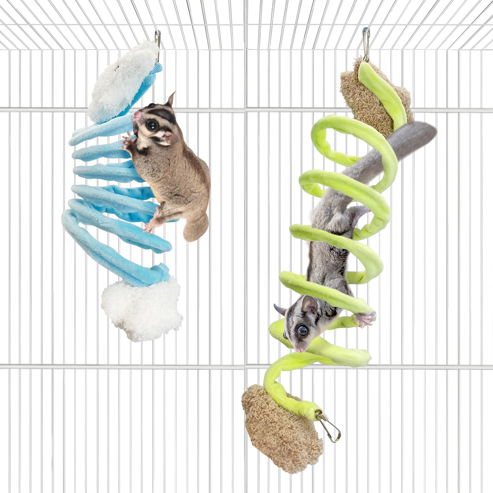 VCEPJH 2PCS Sugar Glider Toys, Elastic Climbing Ropes, Hanging Spring Toy for Sugar Glider Cage Accessories for Squirrel Hamster Rat, Blue and Green (S)