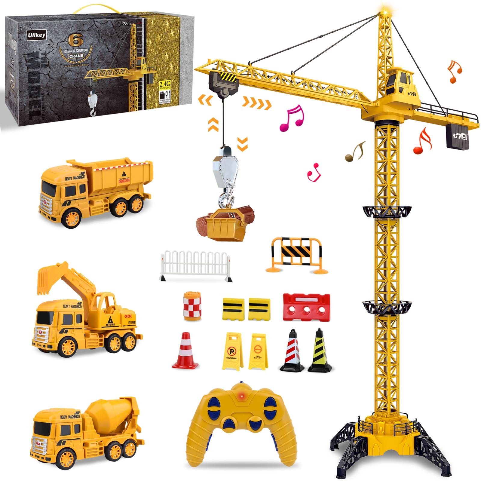 Ulikey Grúa Torre Teledirigida, 2.4GHz Gruas de Juguete de 6 Canales, 128 cm RC Grúas Torre de Construcción, Elevador Giratorio de 680, con Luces y Sonidos, Regalos para Niños de 3 a 10 Años
