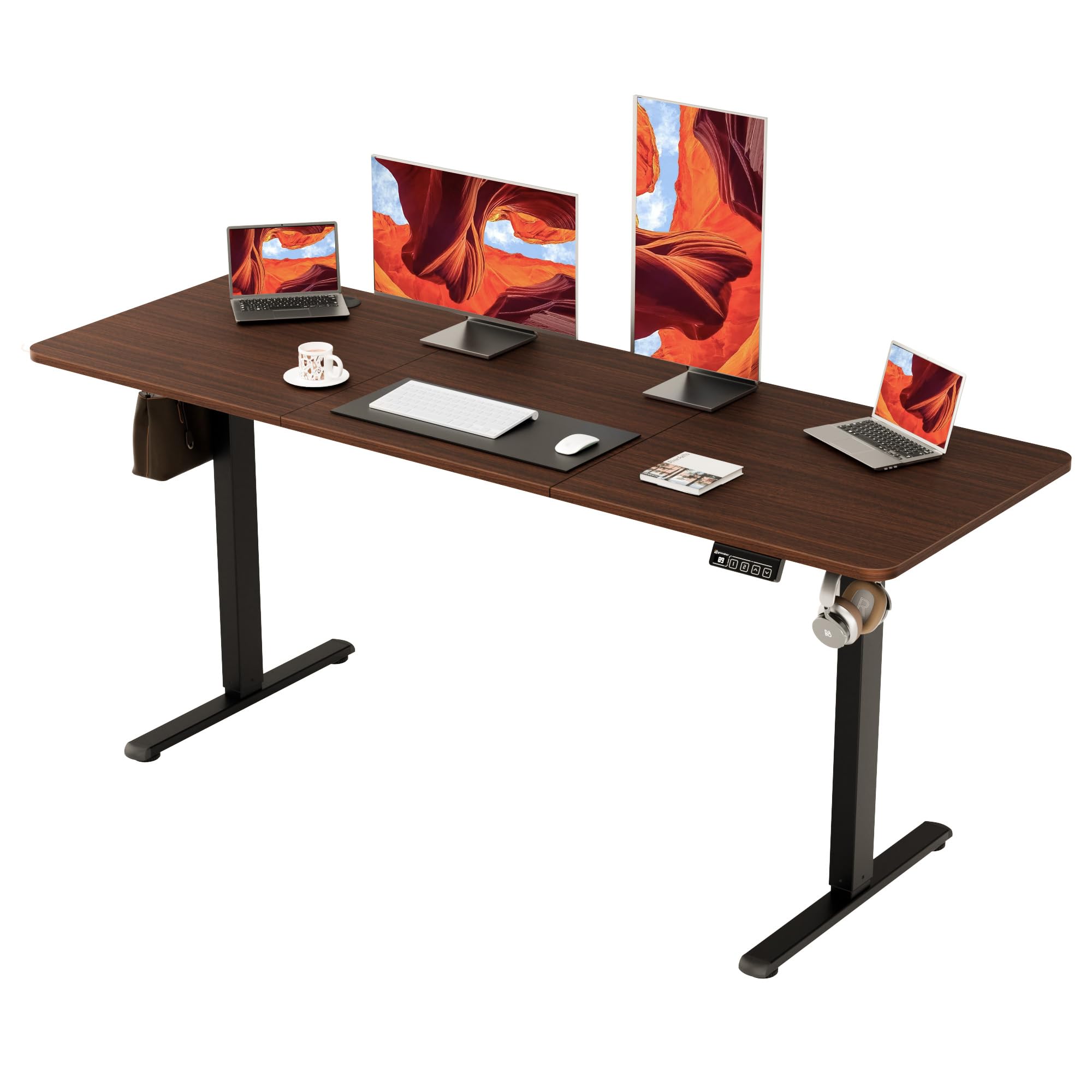 ERGOMAKER Electric Standing Desk Height Adjustable Desk 170x60cm, Sit Stand Desk with Splicing Top for Home Office (Black Frame + Black Walnut Desktop) — image 1