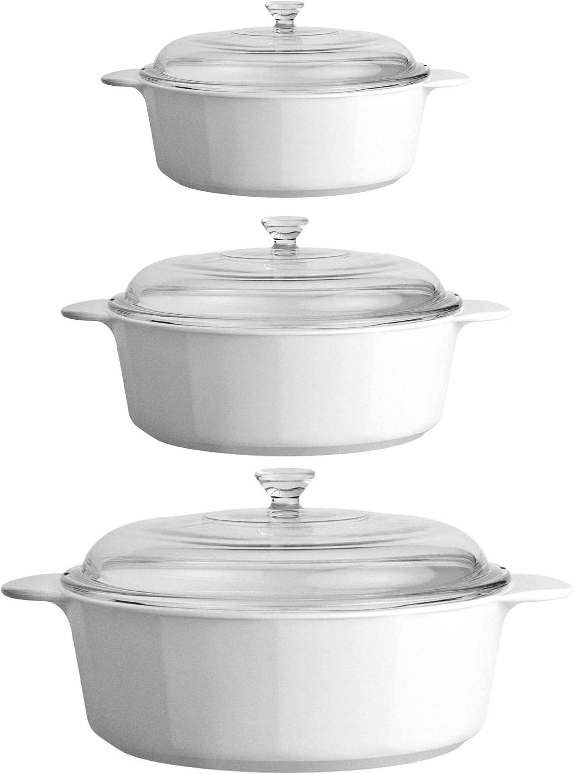 CorningWare Pyroceram Classic Round Casseroles Cooking Pots with Handles & Glass Covers 3.5 Quart, 2.4 Quart & 1.3 Quart - White