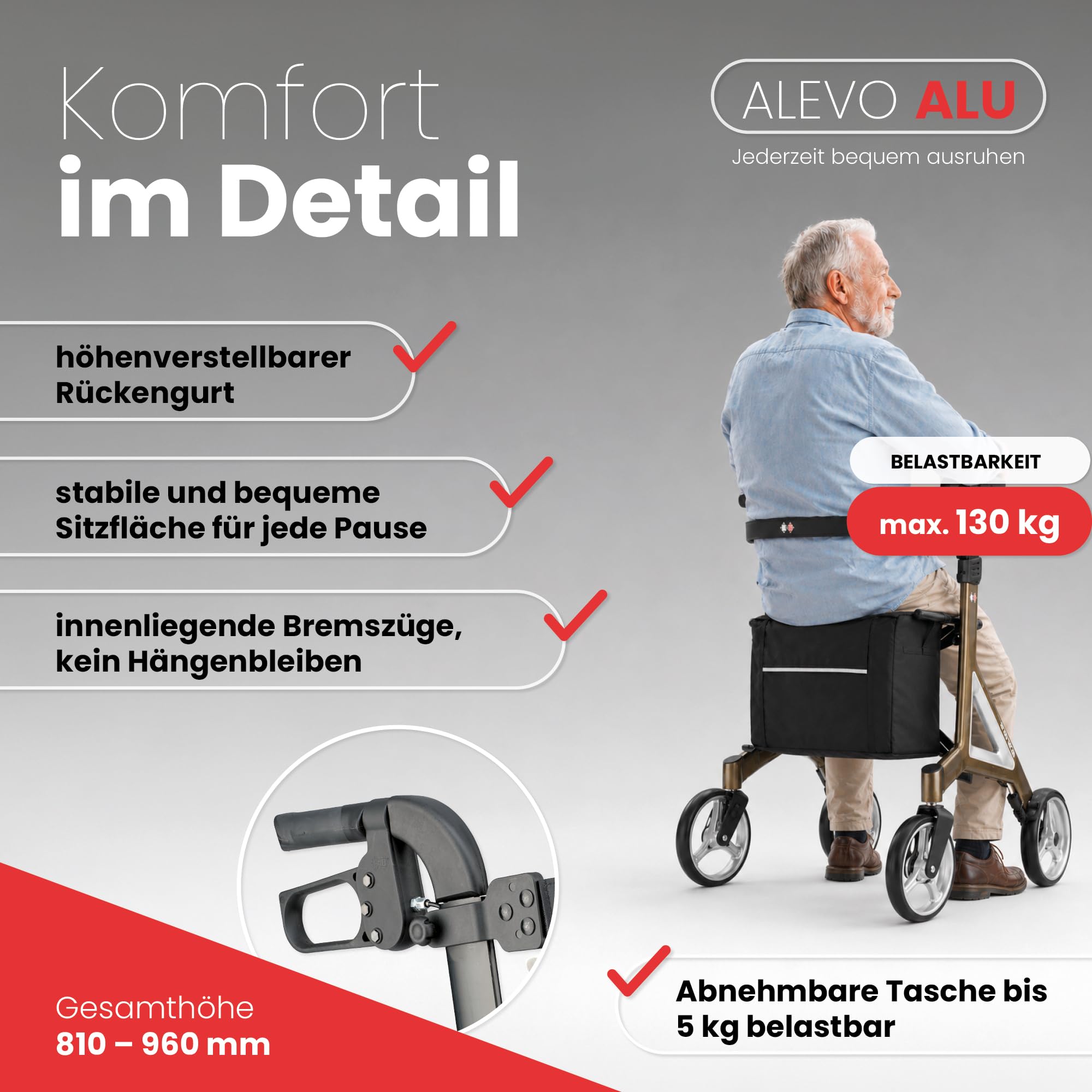 Bischoff & Bischoff Alevo - Andador plegable de aluminio SH 58,5 cm, ligero, para interior y exterior, con asiento estable y bolsa extraíble, color platino