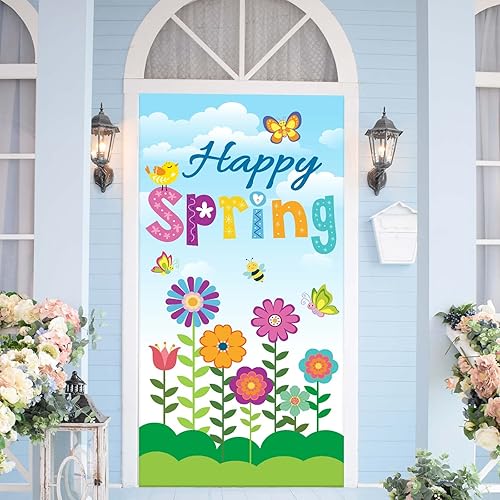 Miniatura 5 de Whaline Decoración de cubierta de puerta con texto en inglés «Hello Spring» con diseño floral de primavera para puerta delantera, cartel colgante
