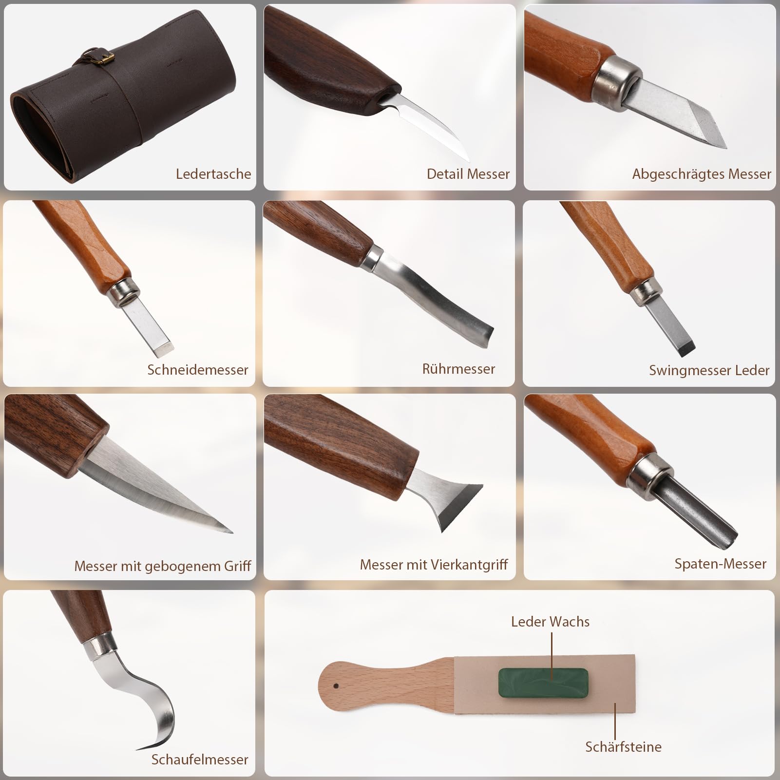 Schnitzwerkzeug Set, 15 Teiliges Schnitzmesser DIY Set, Holzschnitzset Beinhaltet 6 Schnitzmesser, 5 Detail-Schnitzwerkzeug, Sicherheitshandschuhe und PU-Tasche