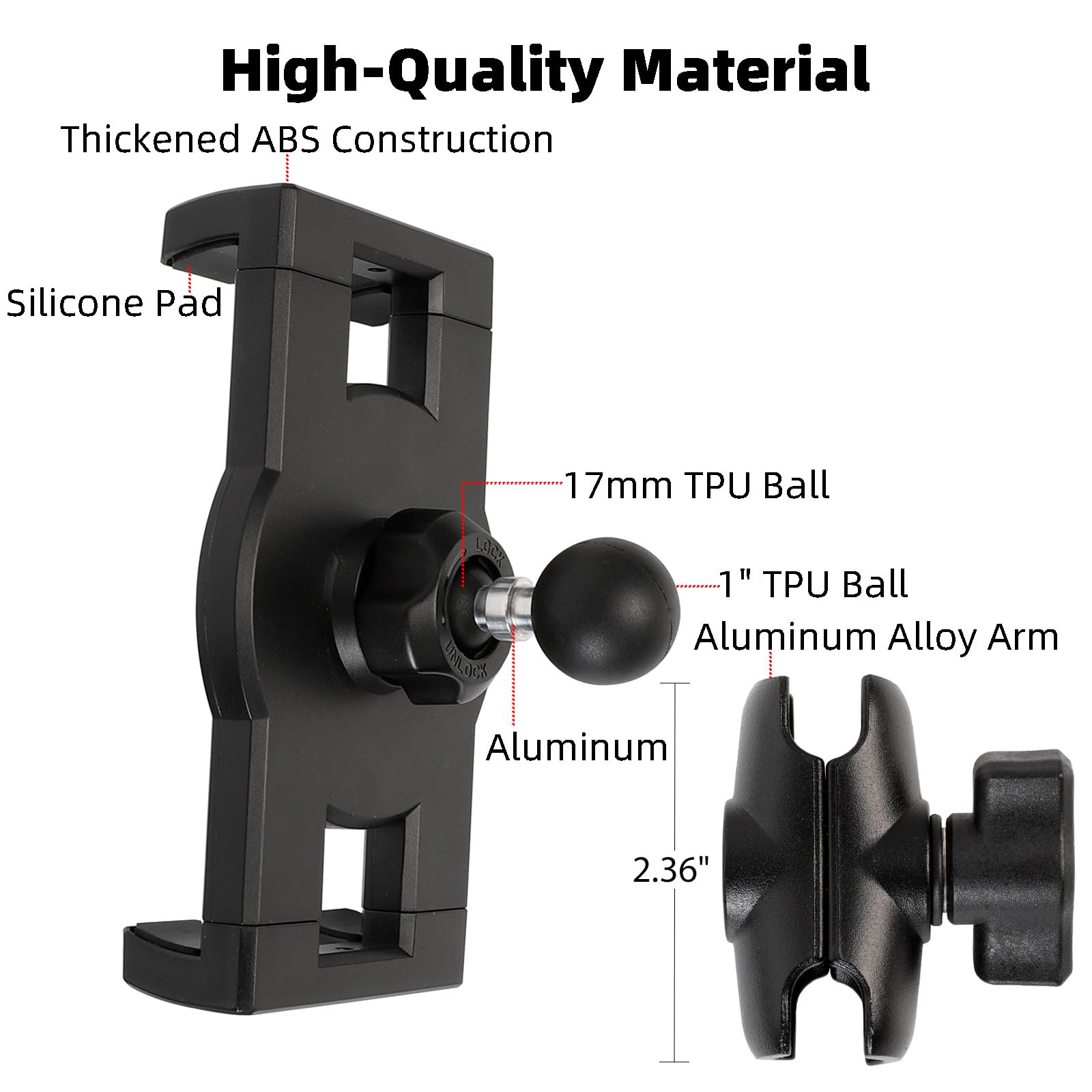 Support de tablette boule de 2,5 cm avec bras court en alliage d'aluminium, rotation à 360°, compatible avec les tablettes de 5 à 13 pouces, iPad Pro 12,9 Air Mini iPhone, compatible avec les