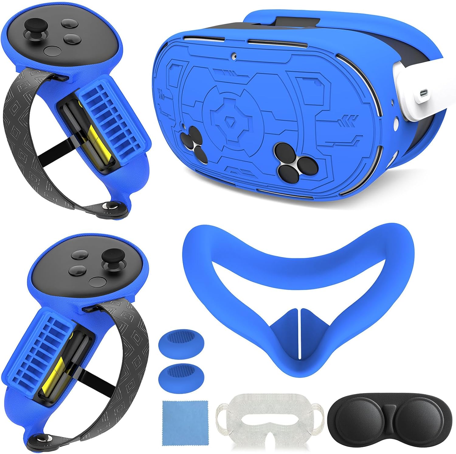 7-in-1 VR Accessories Set Silicone Cover Set for Meta/Oculus Quest 3s Included VR Protector Face Cover, Upgrade Battery Opening Controller Grips, Front Shell Cover and Lens Protective Cover_TPU Blue