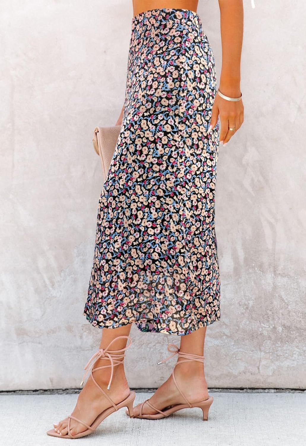 Women’s Floral Print Midi Skirt Casual High Elastic Waist Zipper Vintage Long Boho Skirts for Women - Image 2