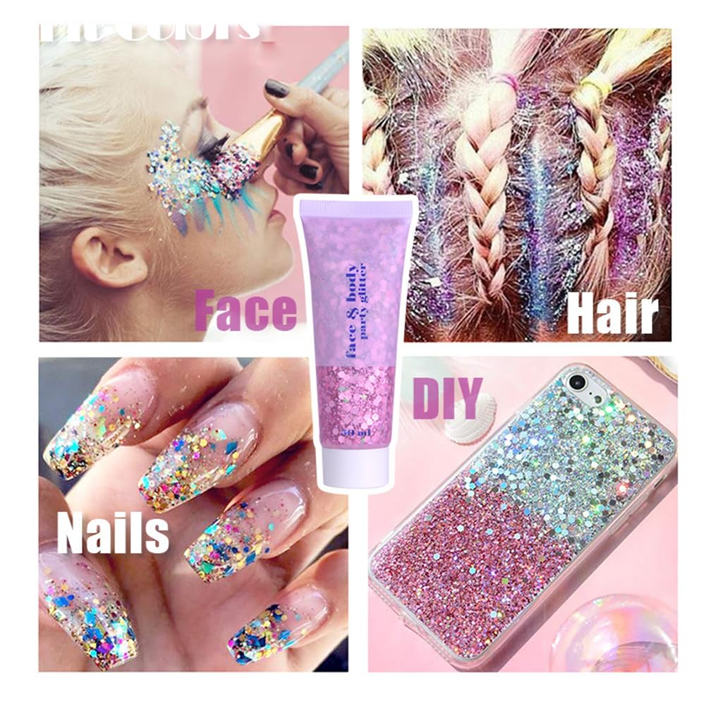 Gel per il corpo, Mardi Gras Face Glitter Make up, scintillanti glitter per capelli grossi, cantanti concerti festival, accessori rave sirena glitter per il viso (#03 rosa)