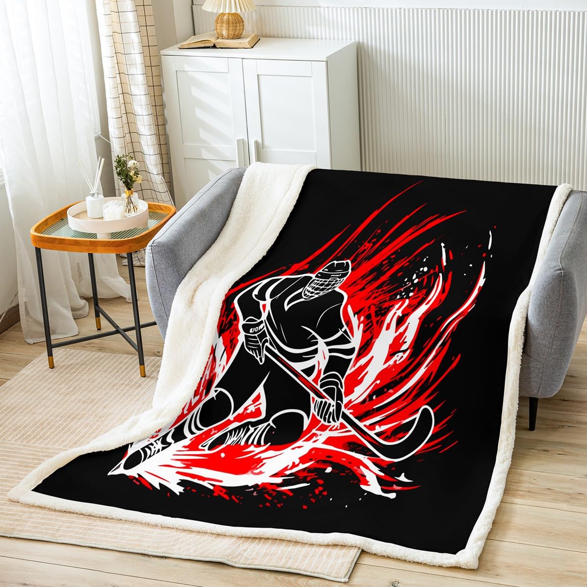 Homemissing Hockey Sherpa Blanket Ice Sports Games Kids Boys Girls Fleece Throw Blanket Winter Sports Plush Blanket for Bed Sofa Couch Sports Games Fuzzy Blanket Queen 90x90Inch