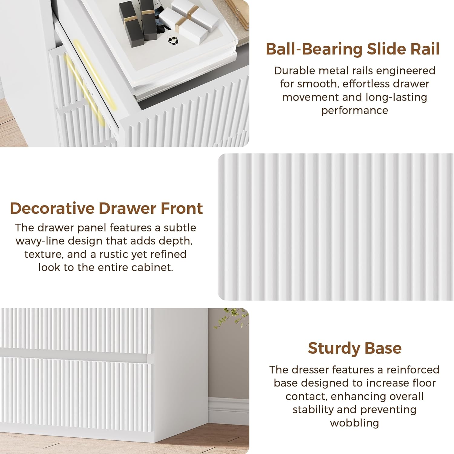 Modern 5 Drawer Dresser, 43" Tall Dressers for Bedroom, Fluted Dresser with Hidden Handle Design, Wood Mid Century Vertical Dresser Natural Texture for Bedroom, White Dresser - Image 6