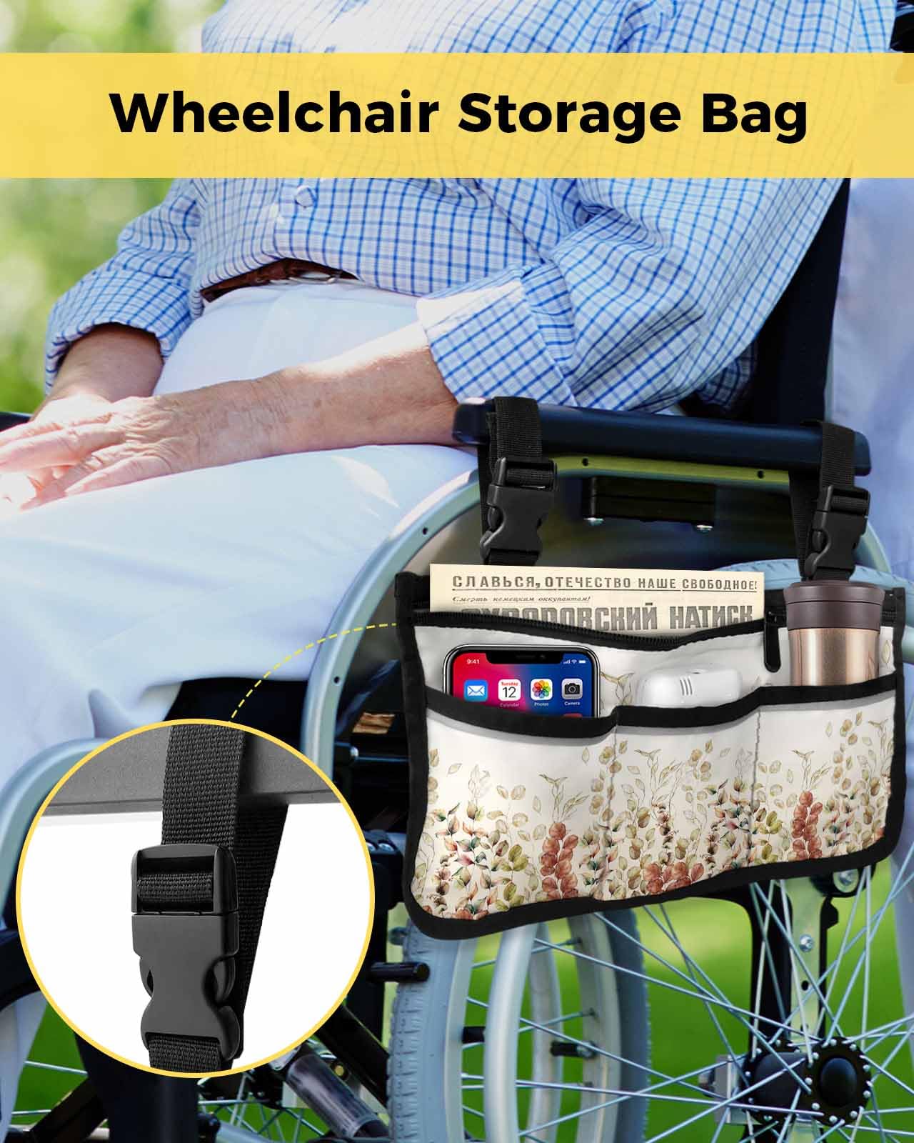 Fall Eucalyptus Leaves Wheelchair Side Bag Walker Bag, Farmhouse Autumn Harvest Botanical Wheelchair Accessories Armrest Pouch, Organizer Storage Bag for Walkers, Rollators, 7.3''x13''