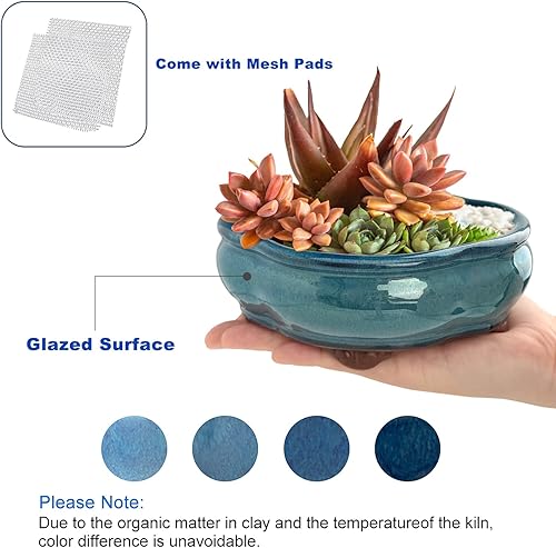 Miniatura 4 de Juego de 2 macetas esmaltadas pequeñas para suculentas de 5.7 pulgadas + 6 pantallas de drenaje de malla suave