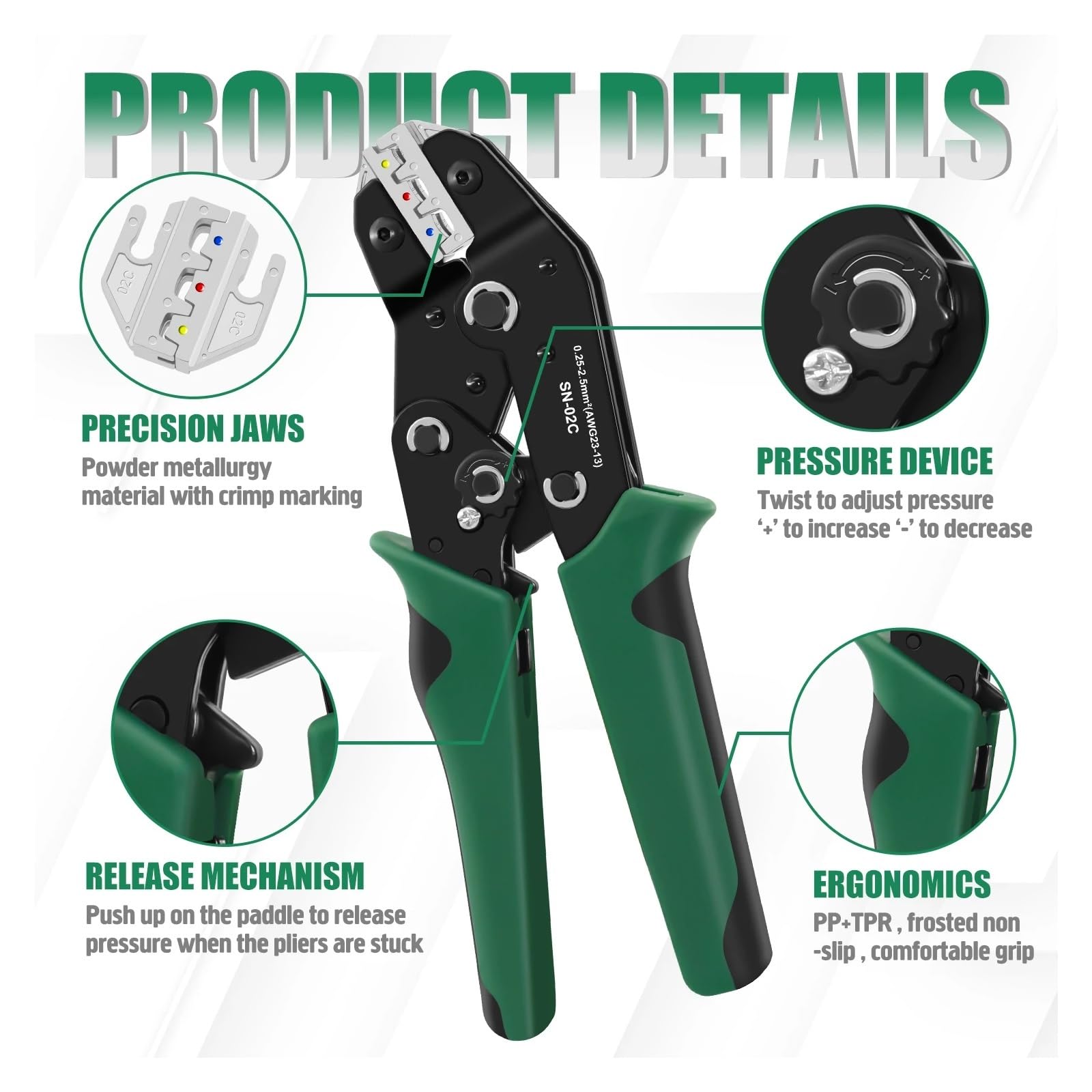 Kit de herramientas crimpado terminales cable 02C con 225 conectores empalme eléctrico aislados - Alicates trinquete
