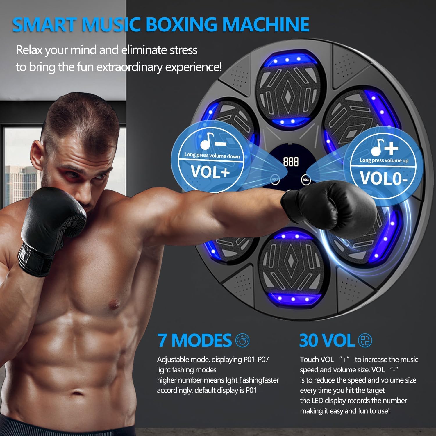 Music Boxing Machine mit Bluetooth,LED Licht Box Maschine mit Musik mit Boxhandschuhen, Elektronische Boxing Machine zur Wandmontage mit 7 modi