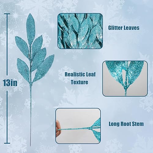 Miniatura 5 de 24 hojas artificiales con purpurina de 13 pulgadas, hojas de árbol de Navidad con purpurina de 13 pulgadas para coronas de Navidad, adornos de árbol