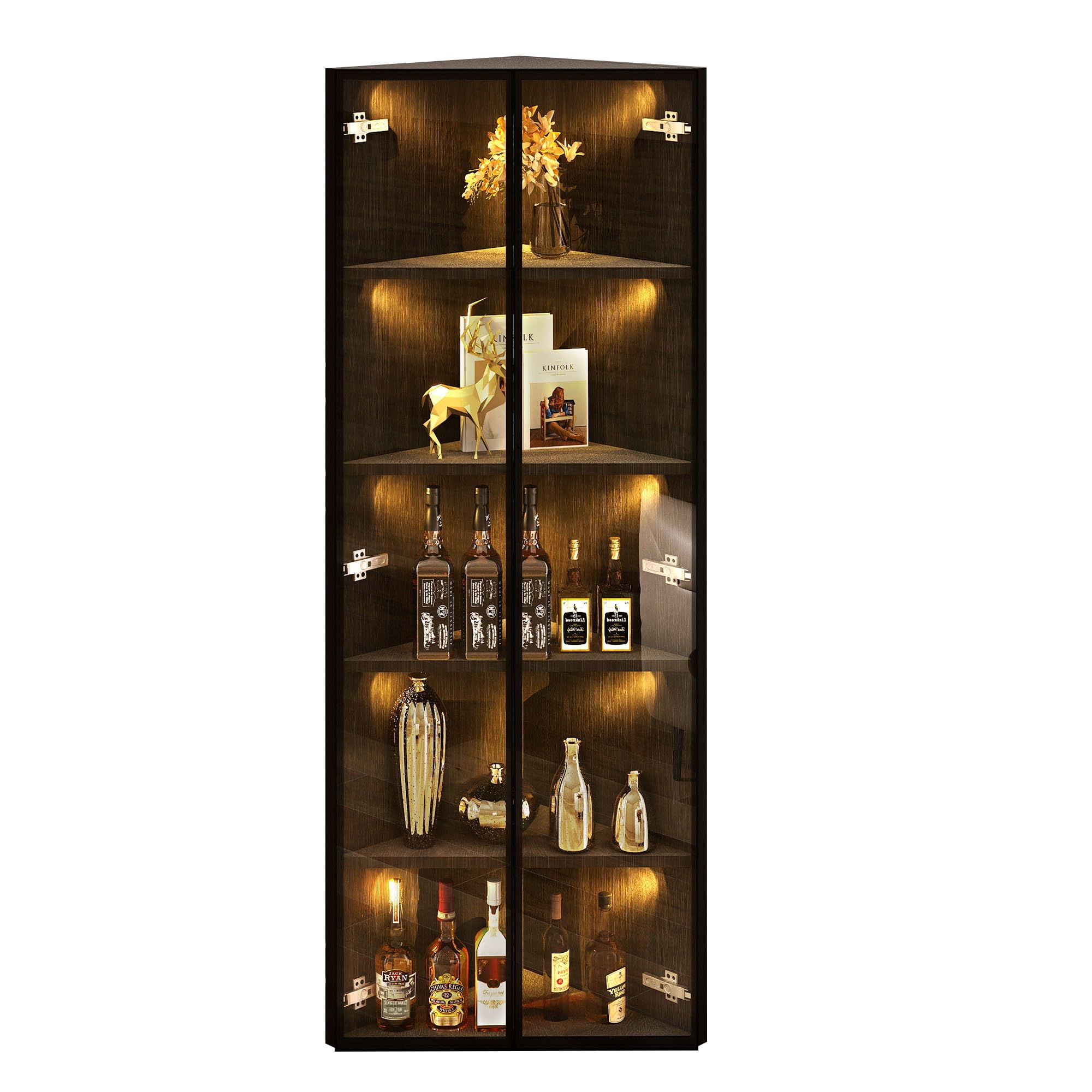 Szklana witryna LED, 62 x 35 x 160 cm, czarna, z wbudowanymi listwami świetlnymi, zabezpieczona przed kurzem witryna z hartowanego szkła z elementem narożnym z drzwiami – szafka narożna, regał na