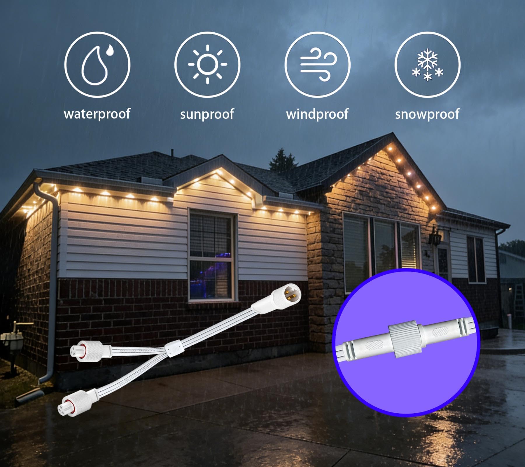 Línea de extensión impermeable IP68 de 1 separador macho y 2 hembra en forma de Y utilizado para lámpara permanente al aire libre de Govee es compatible con el separador en forma de Y Govee H705A